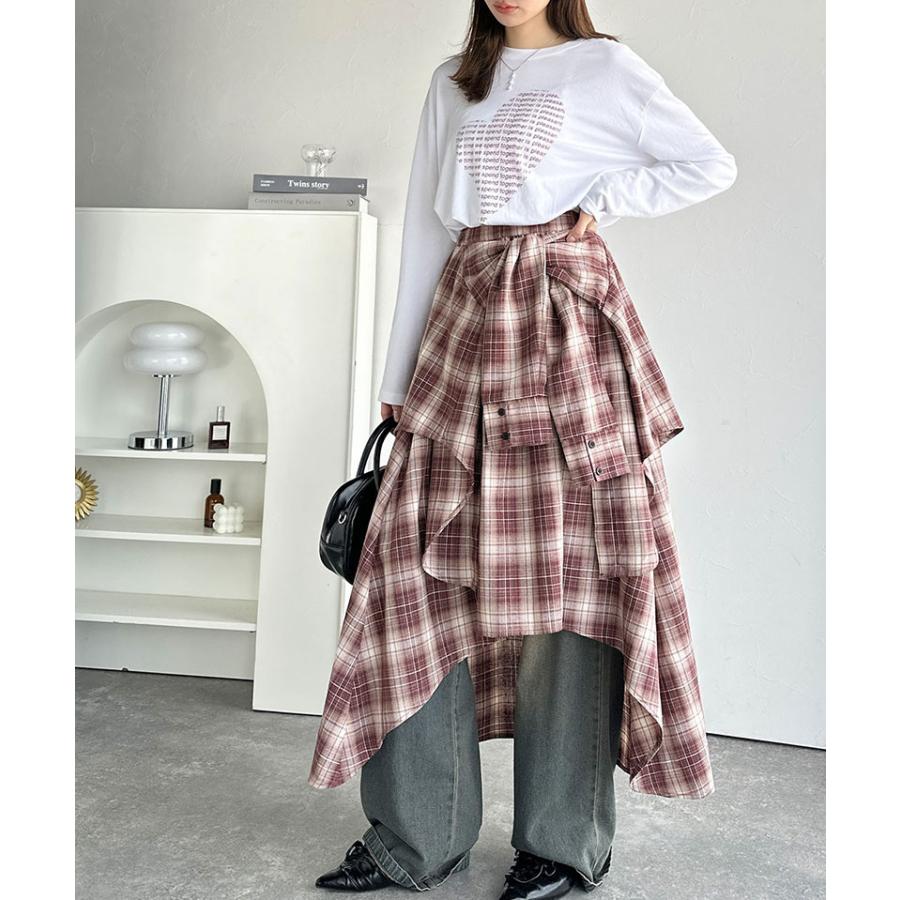 【mily bilet】スカート ロング 秋冬 ボトムス レディース チェック柄 ロング丈 レイヤード風 シャツ巻き風 こなれ感 アシンメトリー お洒落 万能 | classicalelf | 13