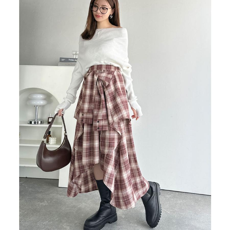 【mily bilet】スカート ロング 秋冬 ボトムス レディース チェック柄 ロング丈 レイヤード風 シャツ巻き風 こなれ感 アシンメトリー お洒落 万能 | classicalelf | 14