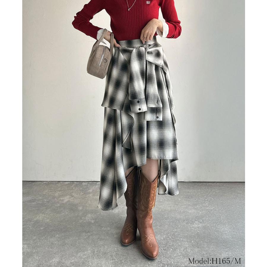 【mily bilet】スカート ロング 秋冬 ボトムス レディース チェック柄 ロング丈 レイヤード風 シャツ巻き風 こなれ感 アシンメトリー お洒落 万能 | classicalelf | 02