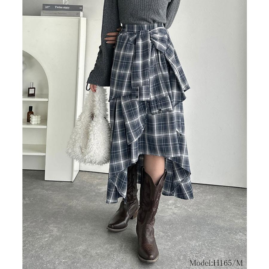 【mily bilet】スカート ロング 秋冬 ボトムス レディース チェック柄 ロング丈 レイヤード風 シャツ巻き風 こなれ感 アシンメトリー お洒落 万能 | classicalelf | 07