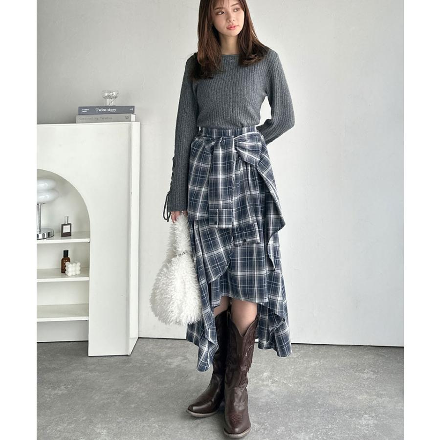 【mily bilet】スカート ロング 秋冬 ボトムス レディース チェック柄 ロング丈 レイヤード風 シャツ巻き風 こなれ感 アシンメトリー お洒落 万能 | classicalelf | 08