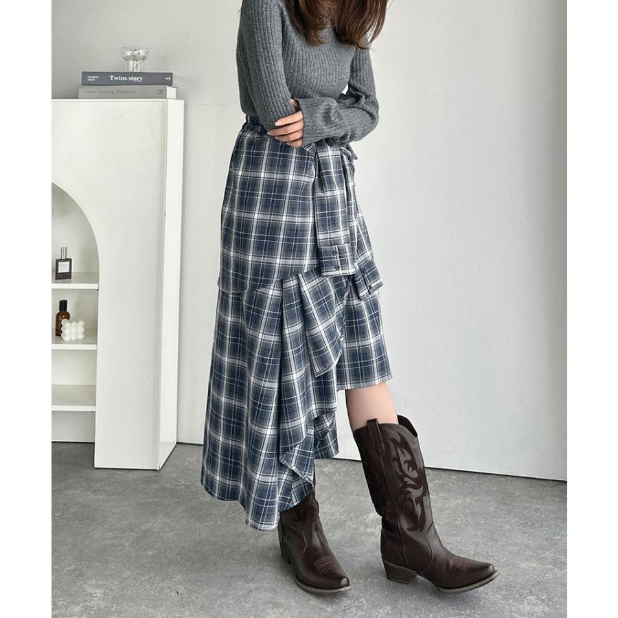 【mily bilet】スカート ロング 秋冬 ボトムス レディース チェック柄 ロング丈 レイヤード風 シャツ巻き風 こなれ感 アシンメトリー お洒落 万能 | classicalelf | 09