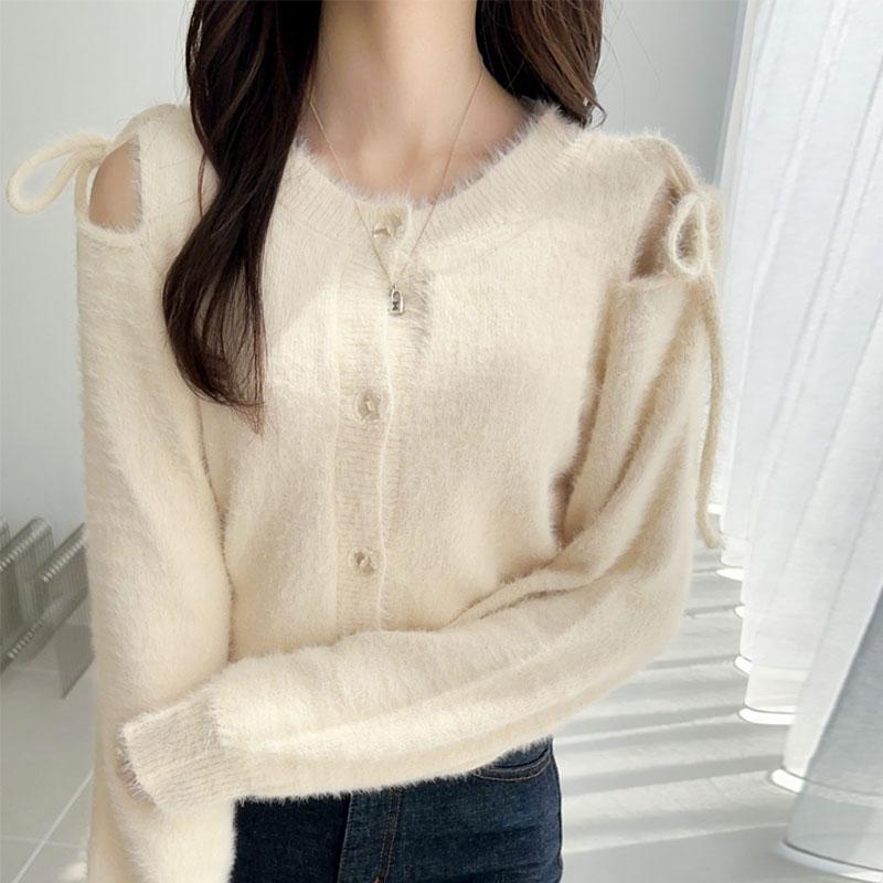 【mily bilet】トップス カーディガン ニット レディース シャギー リボン 肩リボン ショルダーリボン スリット 前後2WAY フェミニン オーバーサイズ | classicalelf