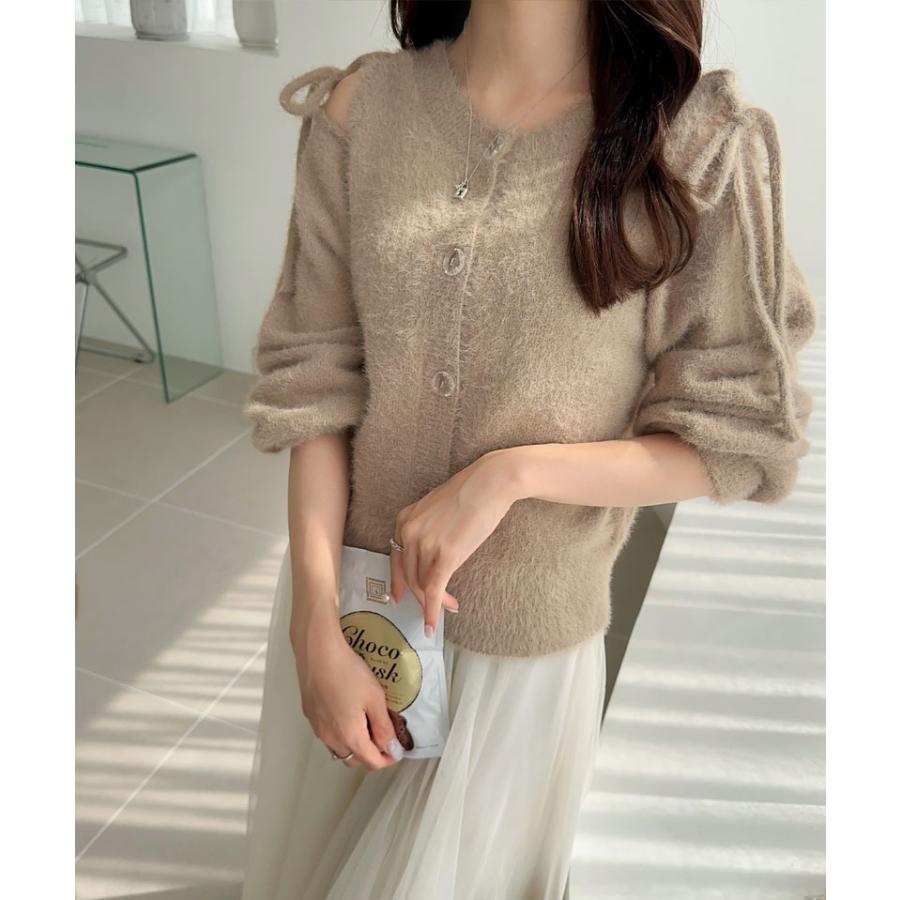 【mily bilet】トップス カーディガン ニット レディース シャギー リボン 肩リボン ショルダーリボン スリット 前後2WAY フェミニン オーバーサイズ | classicalelf | 12