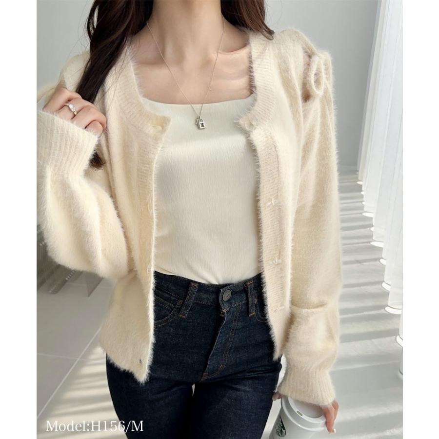 【mily bilet】トップス カーディガン ニット レディース シャギー リボン 肩リボン ショルダーリボン スリット 前後2WAY フェミニン オーバーサイズ | classicalelf | 03