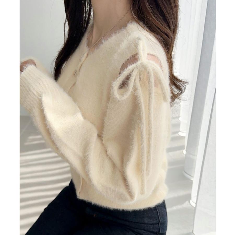 【mily bilet】トップス カーディガン ニット レディース シャギー リボン 肩リボン ショルダーリボン スリット 前後2WAY フェミニン オーバーサイズ | classicalelf | 04