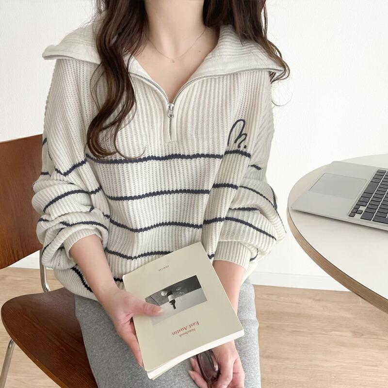 【mily bilet】 トップス セーター レディース 胸 刺繍 ハーフ ジップ パネル ボーダー ニット ボリュームスリーブ ロング リブ ゆったり | classicalelf