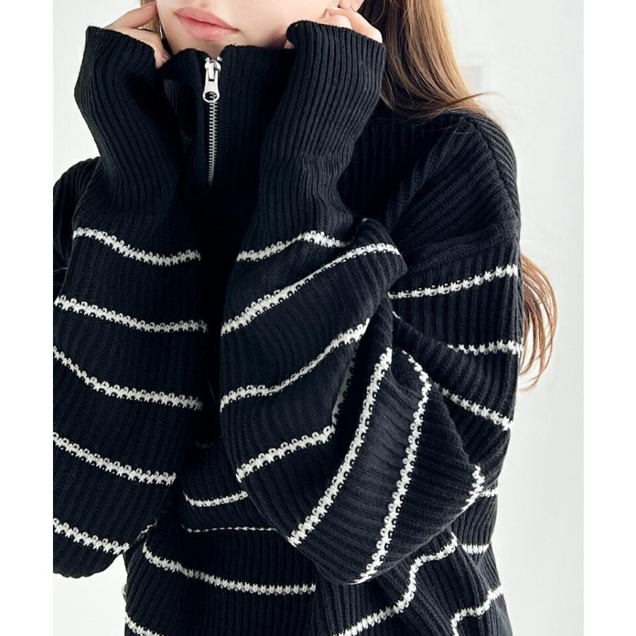 【mily bilet】 トップス セーター レディース 胸 刺繍 ハーフ ジップ パネル ボーダー ニット ボリュームスリーブ ロング リブ ゆったり | classicalelf | 10