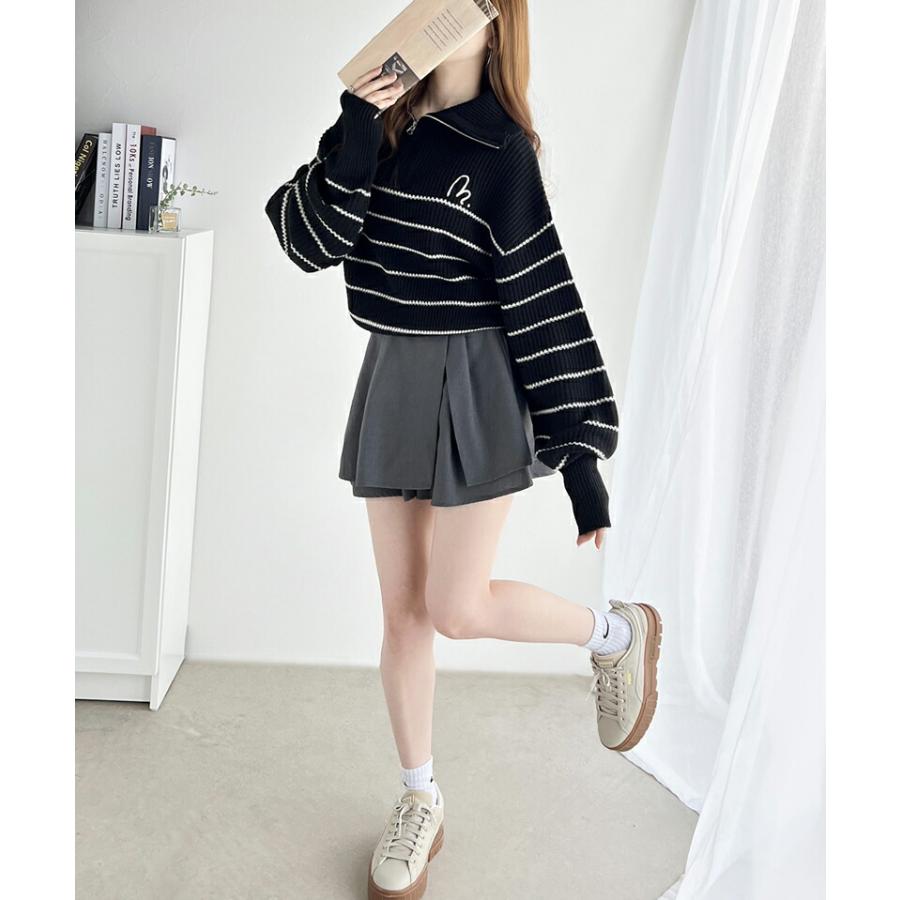 【mily bilet】 トップス セーター レディース 胸 刺繍 ハーフ ジップ パネル ボーダー ニット ボリュームスリーブ ロング リブ ゆったり | classicalelf | 11