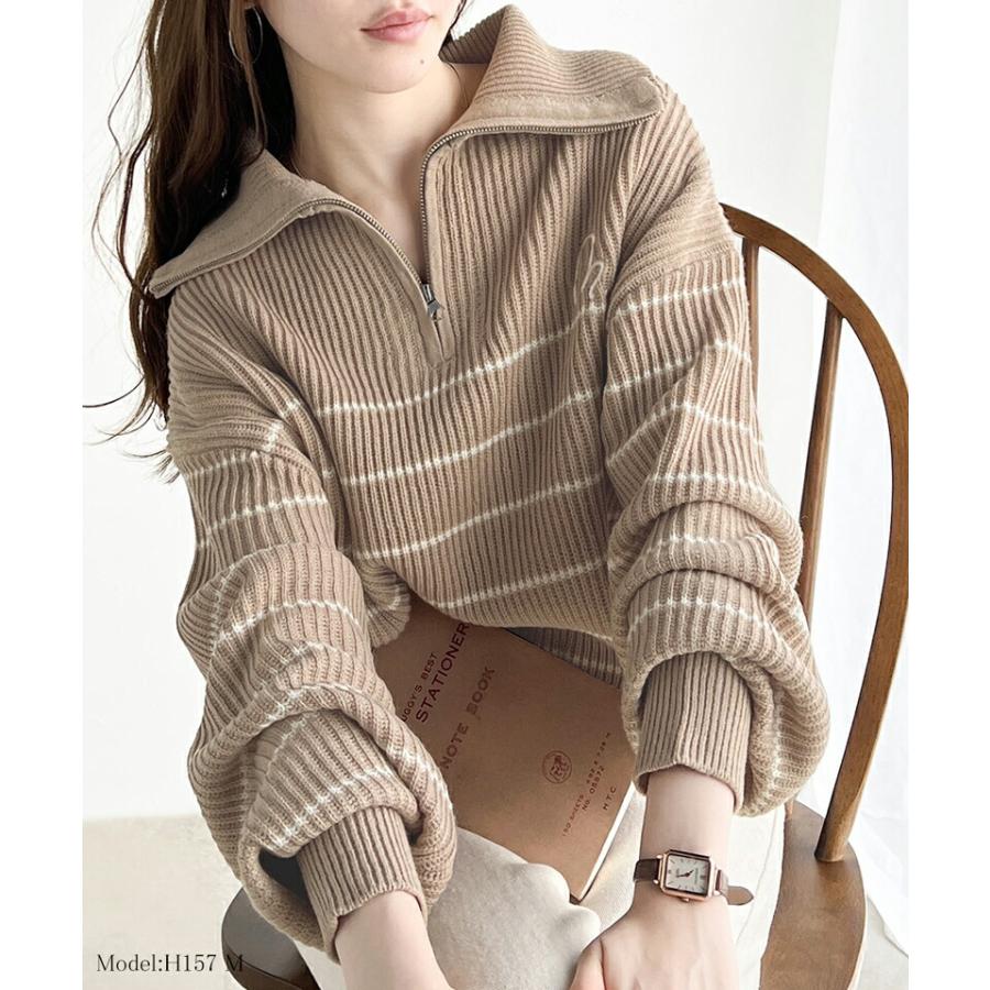 【mily bilet】 トップス セーター レディース 胸 刺繍 ハーフ ジップ パネル ボーダー ニット ボリュームスリーブ ロング リブ ゆったり | classicalelf | 12