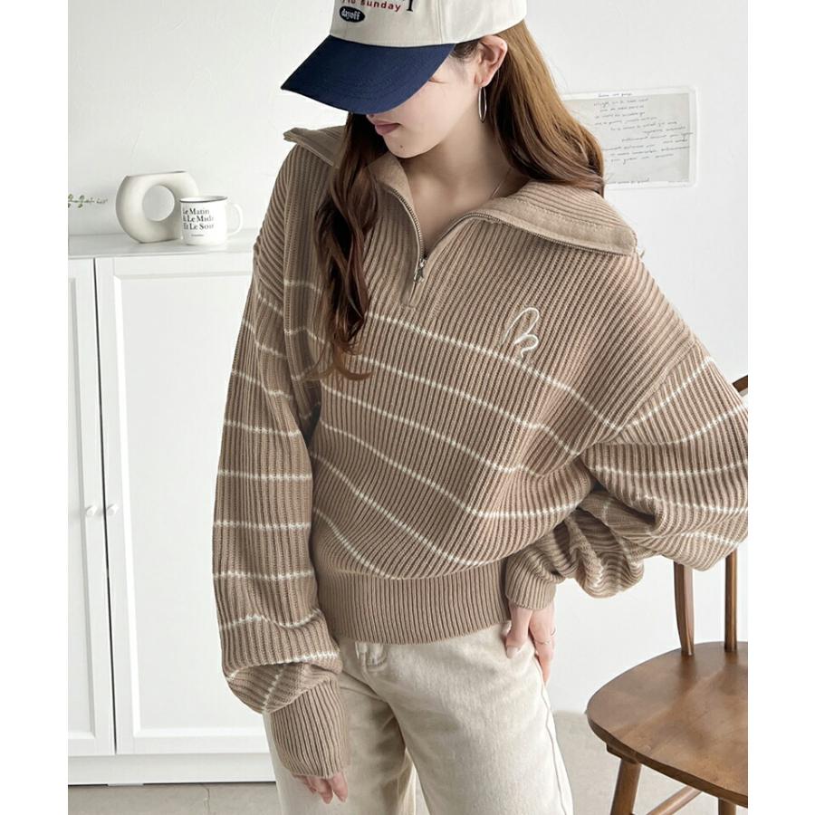 【mily bilet】 トップス セーター レディース 胸 刺繍 ハーフ ジップ パネル ボーダー ニット ボリュームスリーブ ロング リブ ゆったり | classicalelf | 13