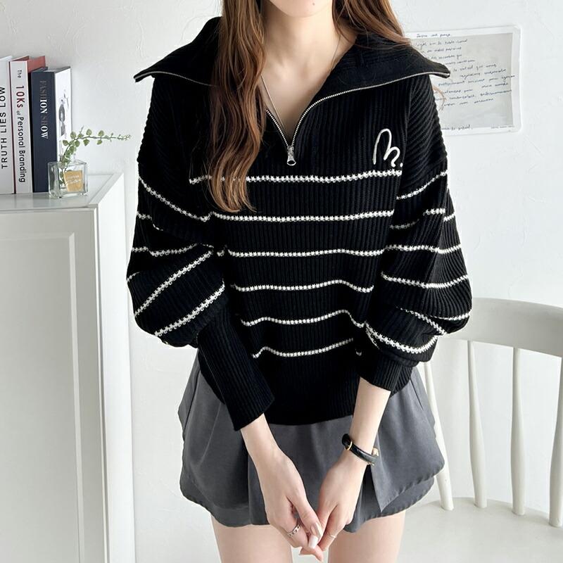 【mily bilet】 トップス セーター レディース 胸 刺繍 ハーフ ジップ パネル ボーダー ニット ボリュームスリーブ ロング リブ ゆったり | classicalelf | 17