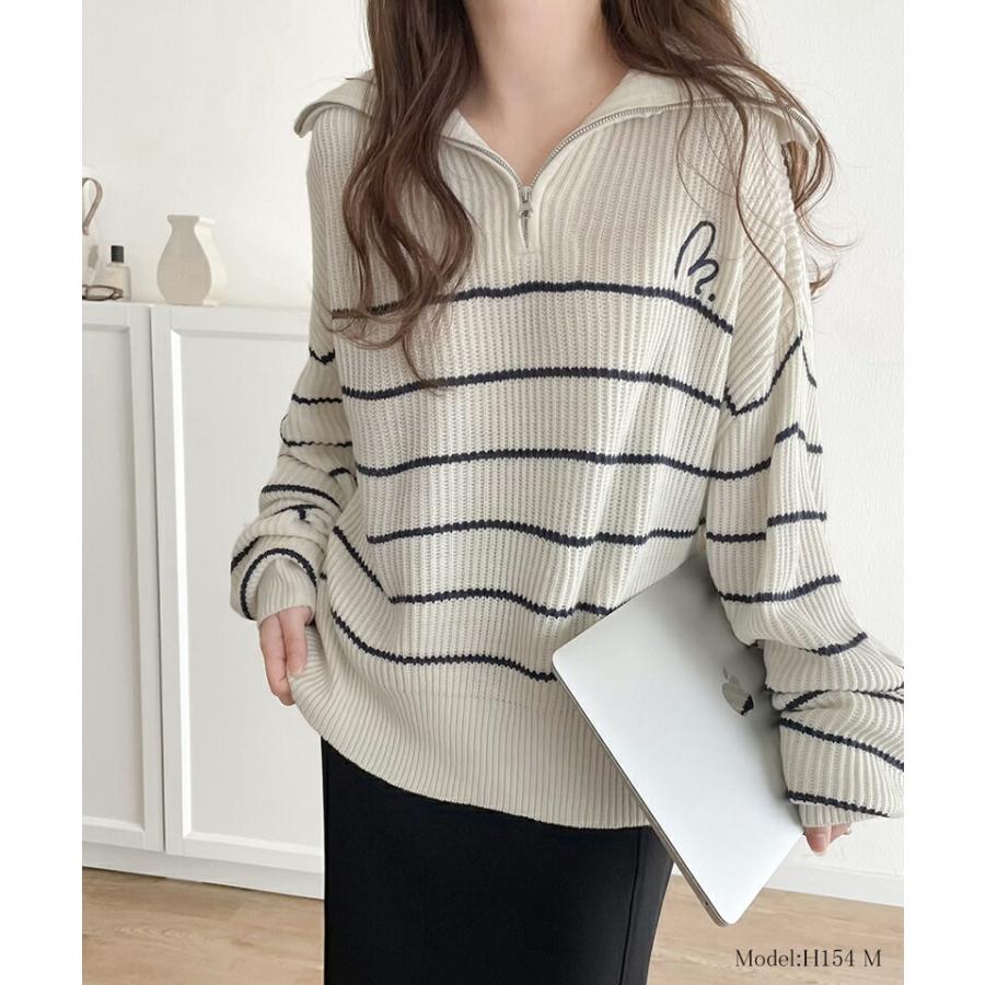 【mily bilet】 トップス セーター レディース 胸 刺繍 ハーフ ジップ パネル ボーダー ニット ボリュームスリーブ ロング リブ ゆったり | classicalelf | 03