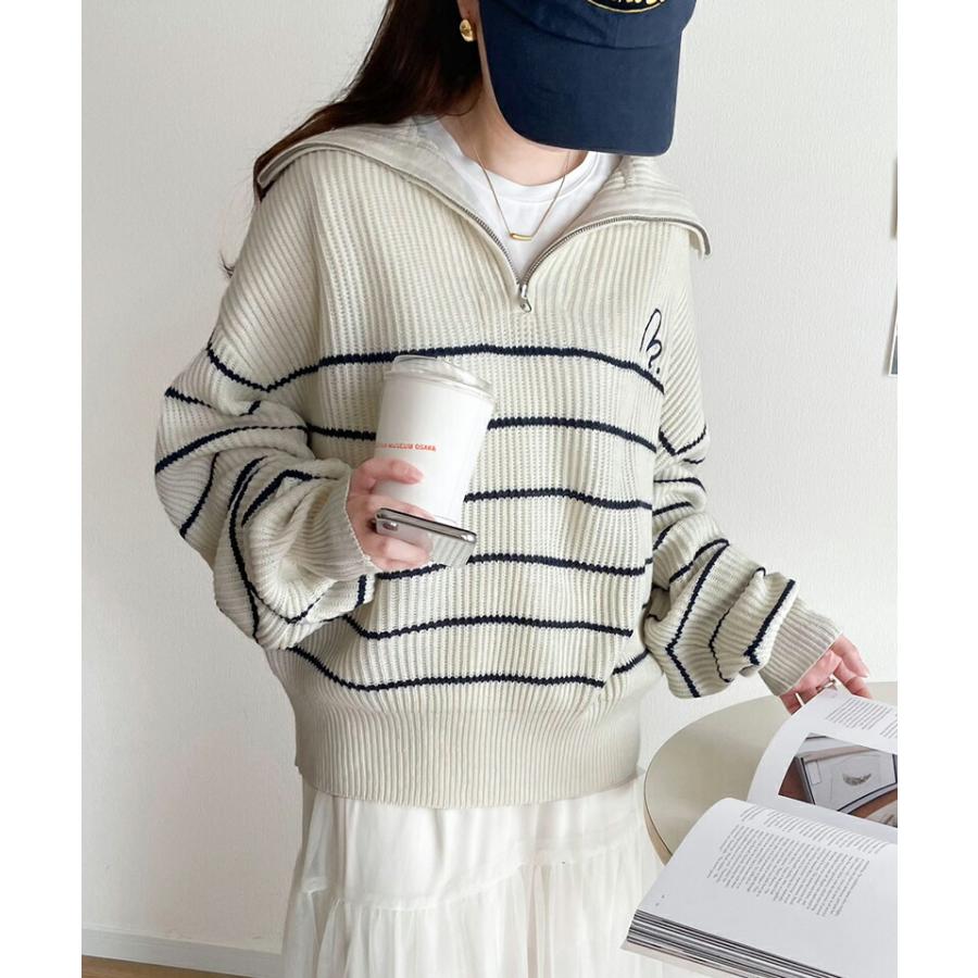 【mily bilet】 トップス セーター レディース 胸 刺繍 ハーフ ジップ パネル ボーダー ニット ボリュームスリーブ ロング リブ ゆったり | classicalelf | 04