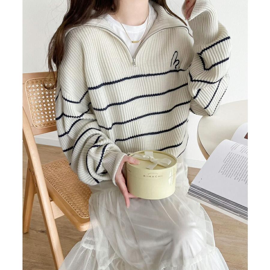 【mily bilet】 トップス セーター レディース 胸 刺繍 ハーフ ジップ パネル ボーダー ニット ボリュームスリーブ ロング リブ ゆったり | classicalelf | 05