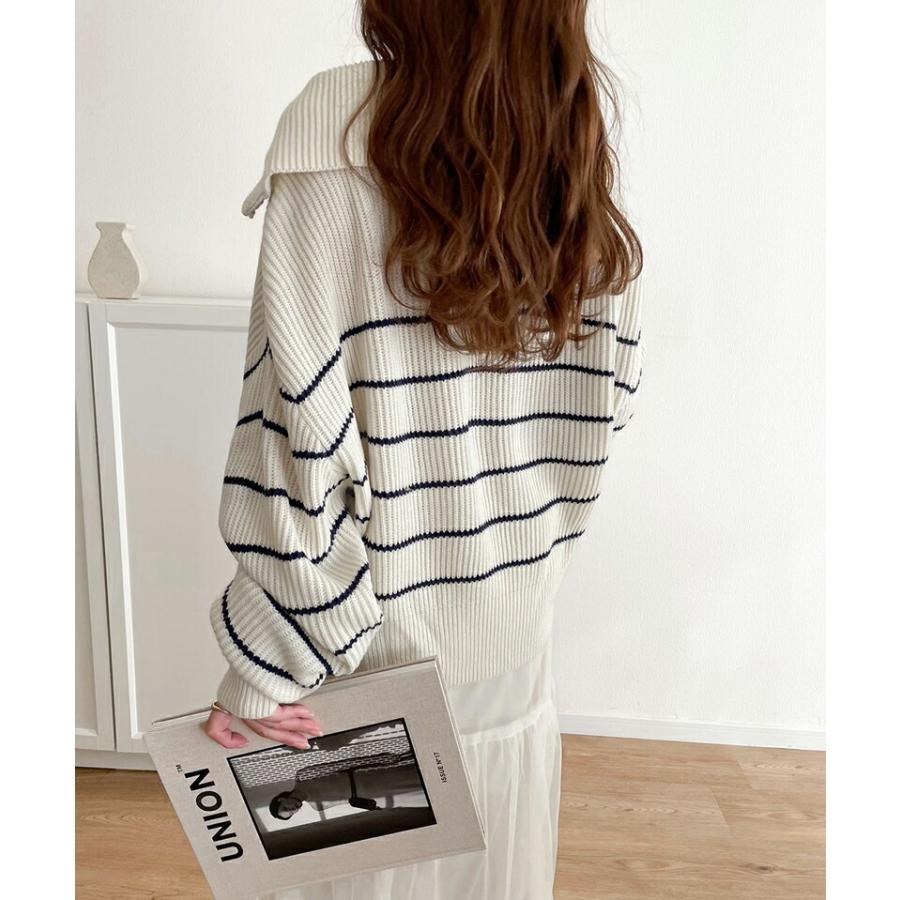 【mily bilet】 トップス セーター レディース 胸 刺繍 ハーフ ジップ パネル ボーダー ニット ボリュームスリーブ ロング リブ ゆったり | classicalelf | 06