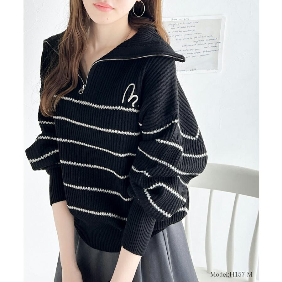 【mily bilet】 トップス セーター レディース 胸 刺繍 ハーフ ジップ パネル ボーダー ニット ボリュームスリーブ ロング リブ ゆったり | classicalelf | 07
