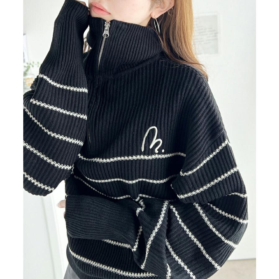 【mily bilet】 トップス セーター レディース 胸 刺繍 ハーフ ジップ パネル ボーダー ニット ボリュームスリーブ ロング リブ ゆったり | classicalelf | 08
