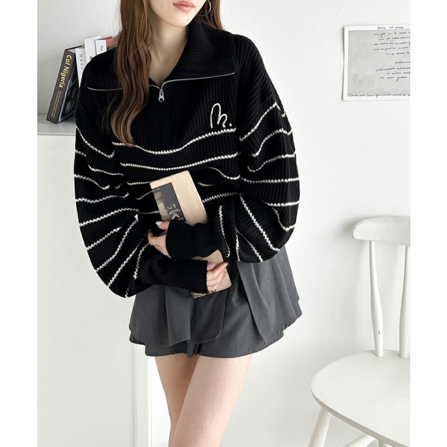 【mily bilet】 トップス セーター レディース 胸 刺繍 ハーフ ジップ パネル ボーダー ニット ボリュームスリーブ ロング リブ ゆったり | classicalelf | 09