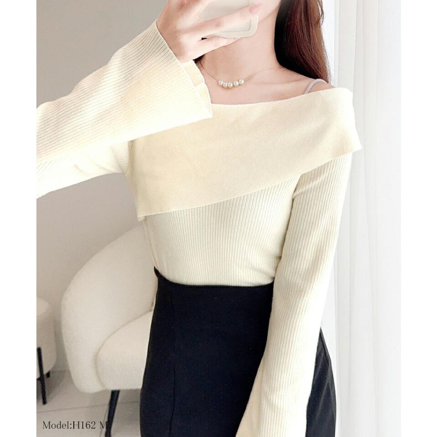 【mily bilet】 トップス ニット レディース ２WAY アシンメトリー オフショルダー リブ編みニット 袖フレア レイヤードコーデ もっちり 肌触り | classicalelf | 03