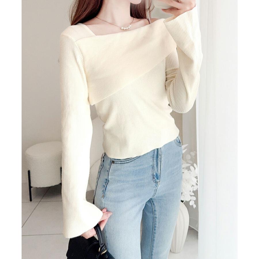 【mily bilet】 トップス ニット レディース ２WAY アシンメトリー オフショルダー リブ編みニット 袖フレア レイヤードコーデ もっちり 肌触り | classicalelf | 04