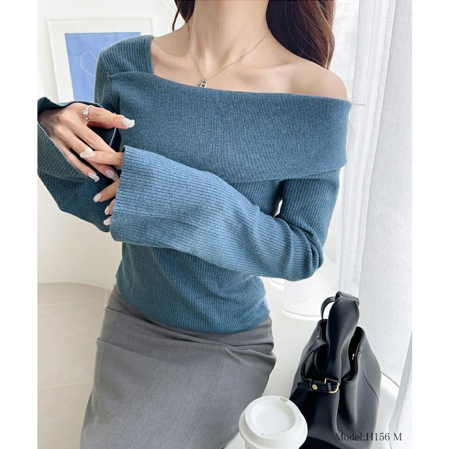 【mily bilet】 トップス ニット レディース ２WAY アシンメトリー オフショルダー リブ編みニット 袖フレア レイヤードコーデ もっちり 肌触り | classicalelf | 09