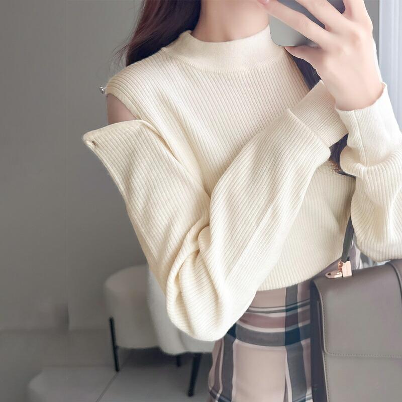 【mily bilet】 トップス ニット レディース 2way オープン ショルダー リブニット 無地 ボーダー 柄肩 ボタン 程よい 肌見せ ハイネック | classicalelf