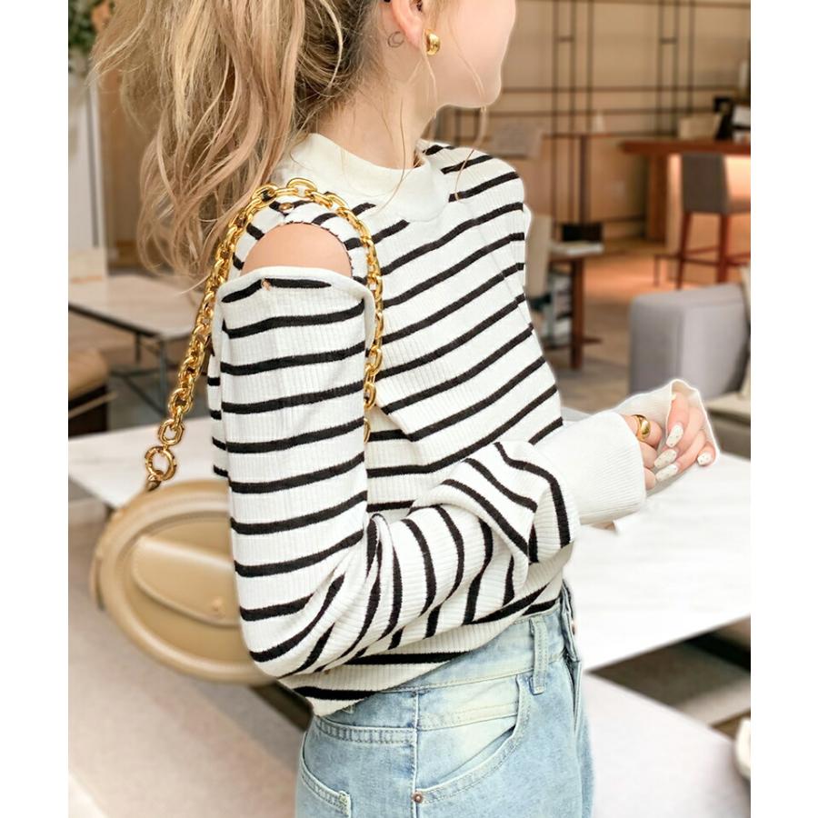 【mily bilet】 トップス ニット レディース 2way オープン ショルダー リブニット 無地 ボーダー 柄肩 ボタン 程よい 肌見せ ハイネック | classicalelf | 13