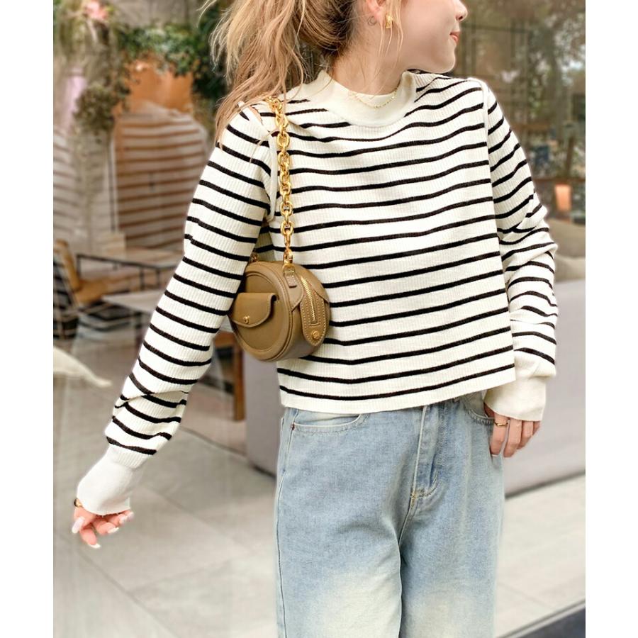 【mily bilet】 トップス ニット レディース 2way オープン ショルダー リブニット 無地 ボーダー 柄肩 ボタン 程よい 肌見せ ハイネック | classicalelf | 14