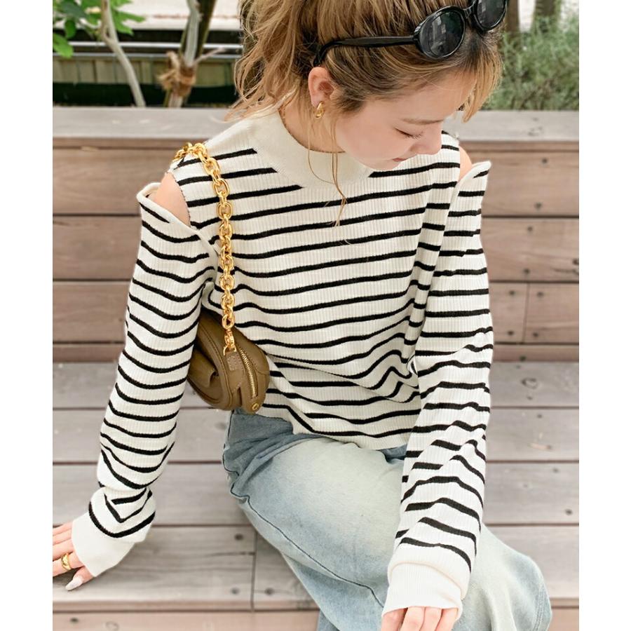 【mily bilet】 トップス ニット レディース 2way オープン ショルダー リブニット 無地 ボーダー 柄肩 ボタン 程よい 肌見せ ハイネック | classicalelf | 15