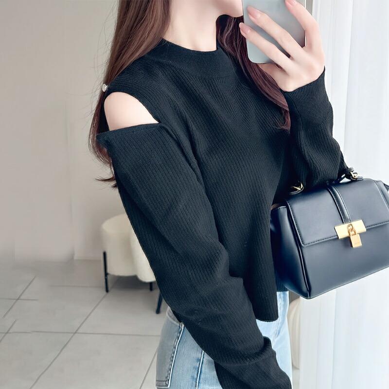 【mily bilet】 トップス ニット レディース 2way オープン ショルダー リブニット 無地 ボーダー 柄肩 ボタン 程よい 肌見せ ハイネック | classicalelf | 18