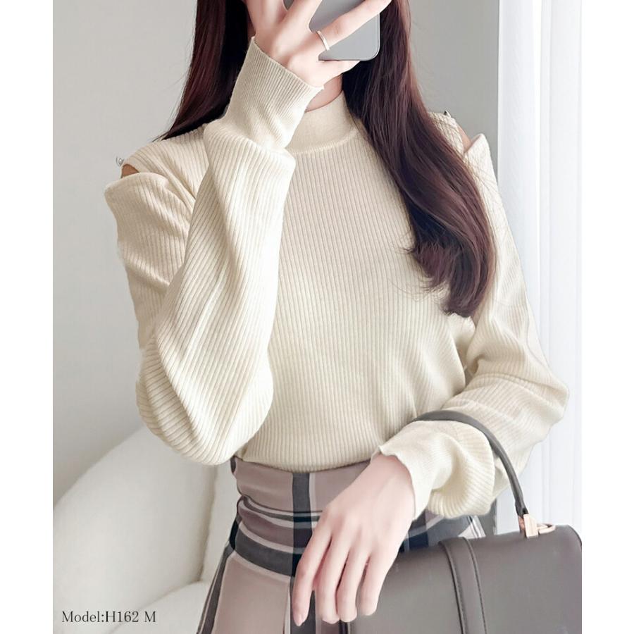 【mily bilet】 トップス ニット レディース 2way オープン ショルダー リブニット 無地 ボーダー 柄肩 ボタン 程よい 肌見せ ハイネック | classicalelf | 03