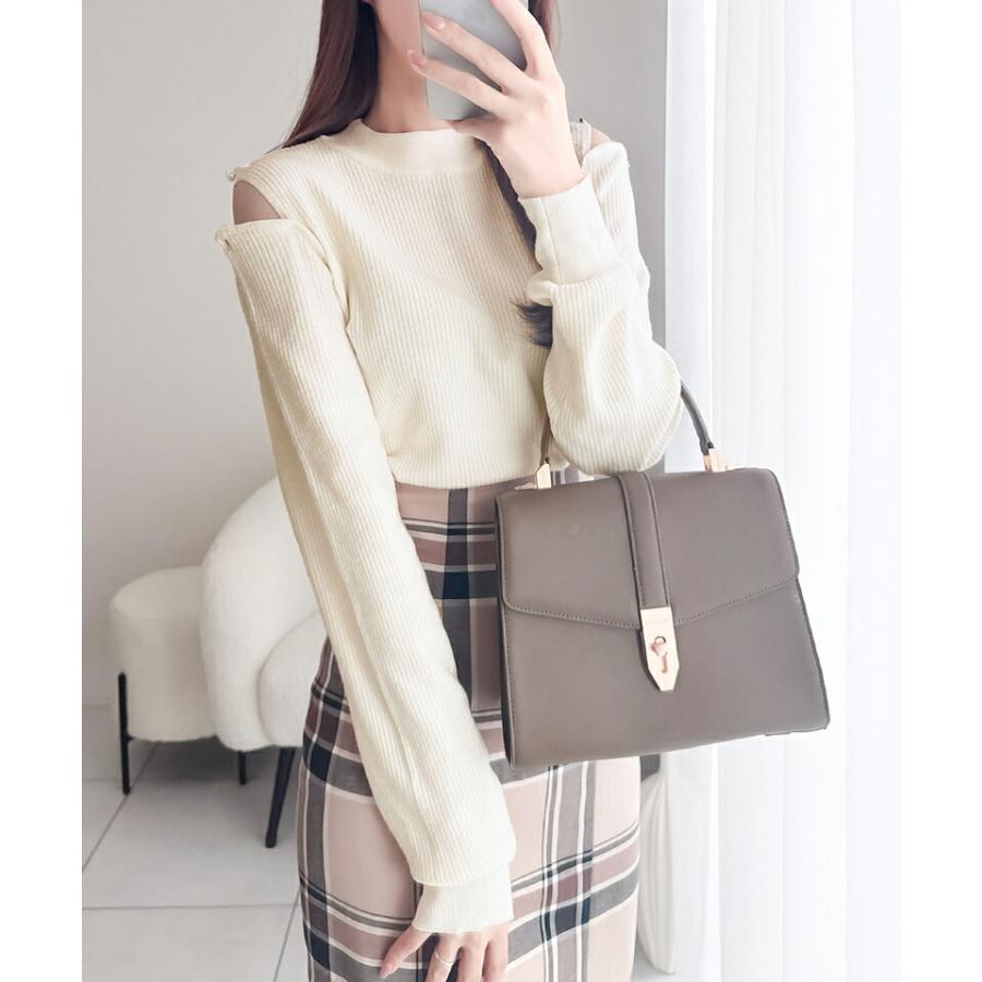 【mily bilet】 トップス ニット レディース 2way オープン ショルダー リブニット 無地 ボーダー 柄肩 ボタン 程よい 肌見せ ハイネック | classicalelf | 04