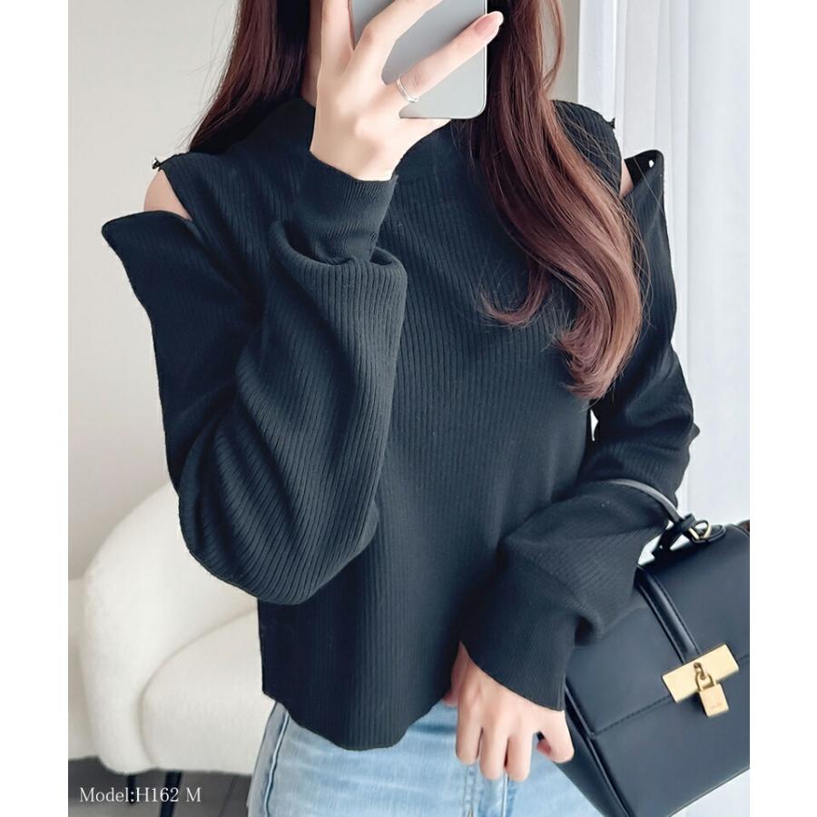 【mily bilet】 トップス ニット レディース 2way オープン ショルダー リブニット 無地 ボーダー 柄肩 ボタン 程よい 肌見せ ハイネック | classicalelf | 06