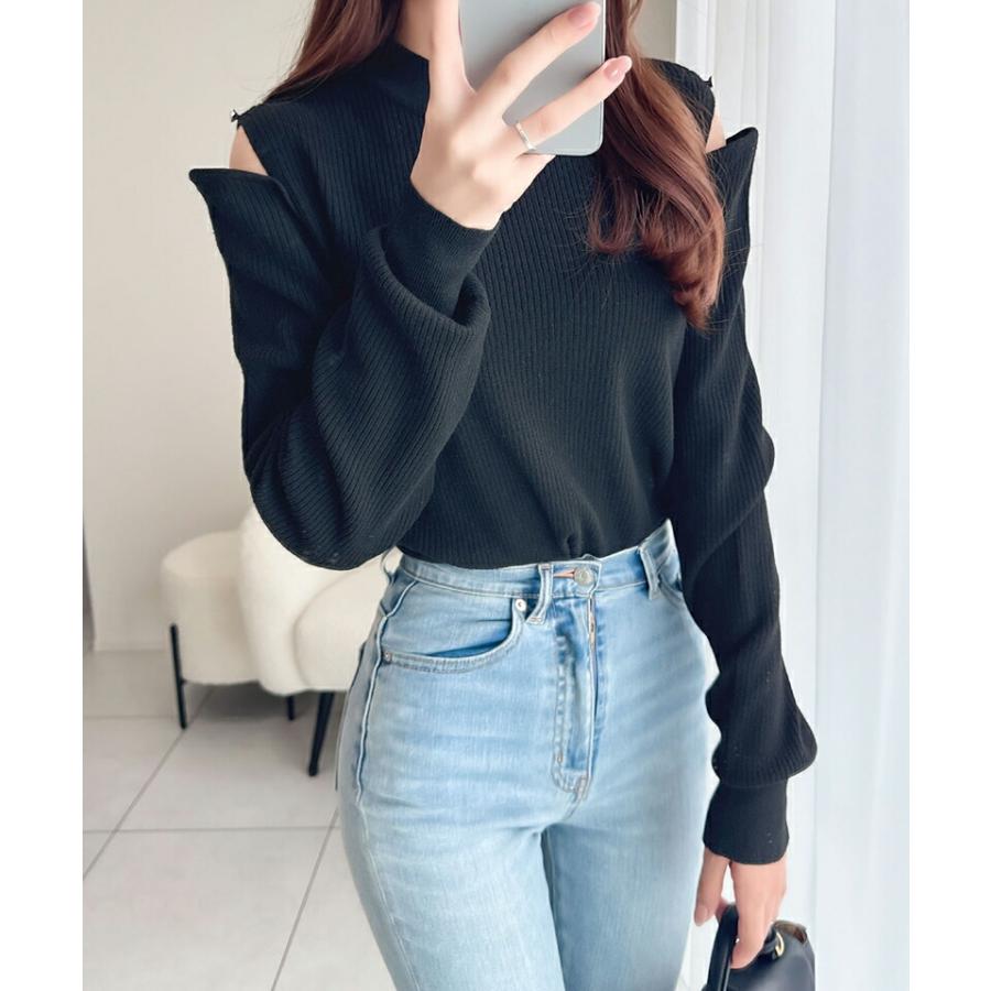 【mily bilet】 トップス ニット レディース 2way オープン ショルダー リブニット 無地 ボーダー 柄肩 ボタン 程よい 肌見せ ハイネック | classicalelf | 07