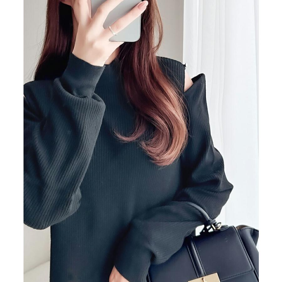 【mily bilet】 トップス ニット レディース 2way オープン ショルダー リブニット 無地 ボーダー 柄肩 ボタン 程よい 肌見せ ハイネック | classicalelf | 08