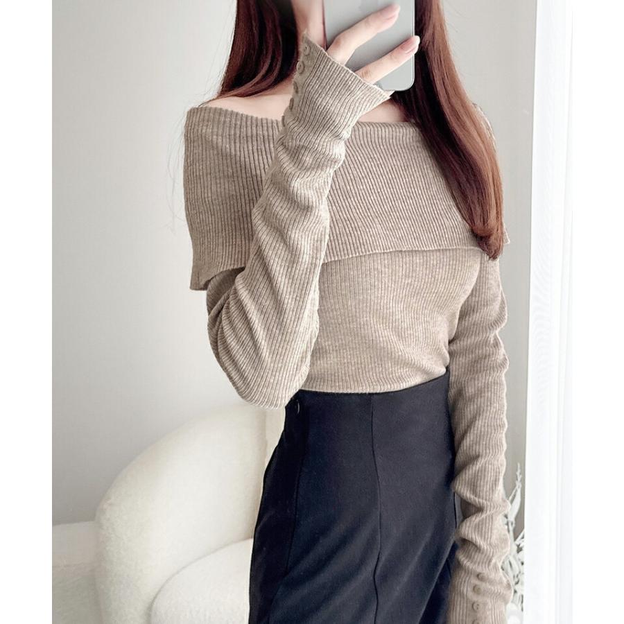 【mily bilet】 トップス ニット レディース シェル風 袖 ボタン オフショルダー もっちり リブニット やわらか 伸縮性 レイヤードコーデ | classicalelf | 11