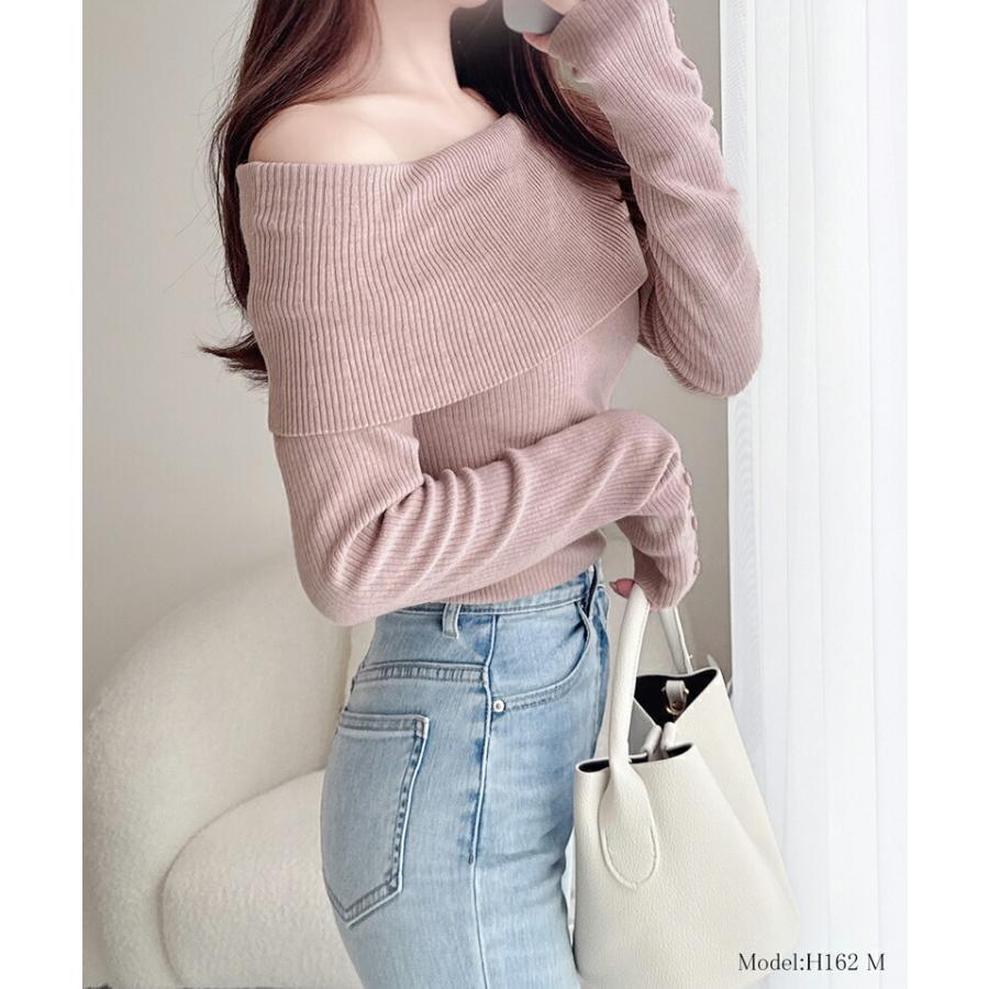 【mily bilet】 トップス ニット レディース シェル風 袖 ボタン オフショルダー もっちり リブニット やわらか 伸縮性 レイヤードコーデ | classicalelf | 13