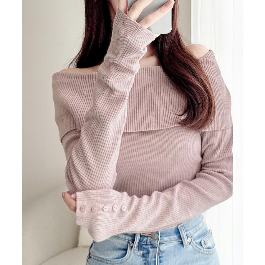 【mily bilet】 トップス ニット レディース シェル風 袖 ボタン オフショルダー もっちり リブニット やわらか 伸縮性 レイヤードコーデ | classicalelf | 14