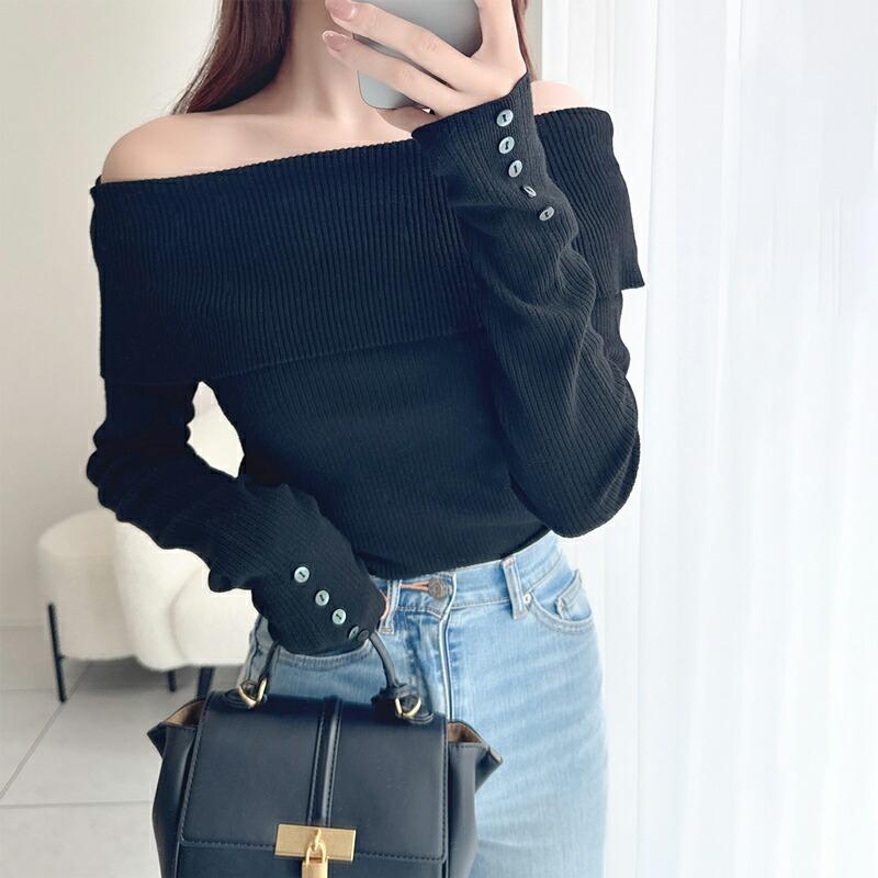【mily bilet】 トップス ニット レディース シェル風 袖 ボタン オフショルダー もっちり リブニット やわらか 伸縮性 レイヤードコーデ | classicalelf | 18