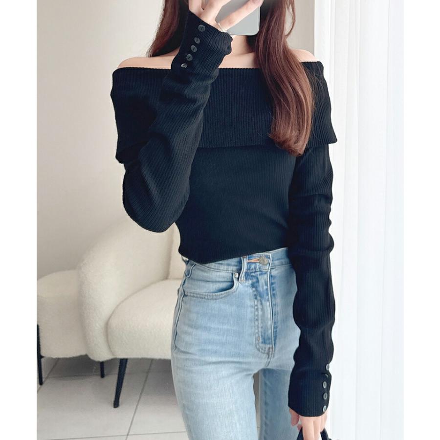 【mily bilet】 トップス ニット レディース シェル風 袖 ボタン オフショルダー もっちり リブニット やわらか 伸縮性 レイヤードコーデ | classicalelf | 09