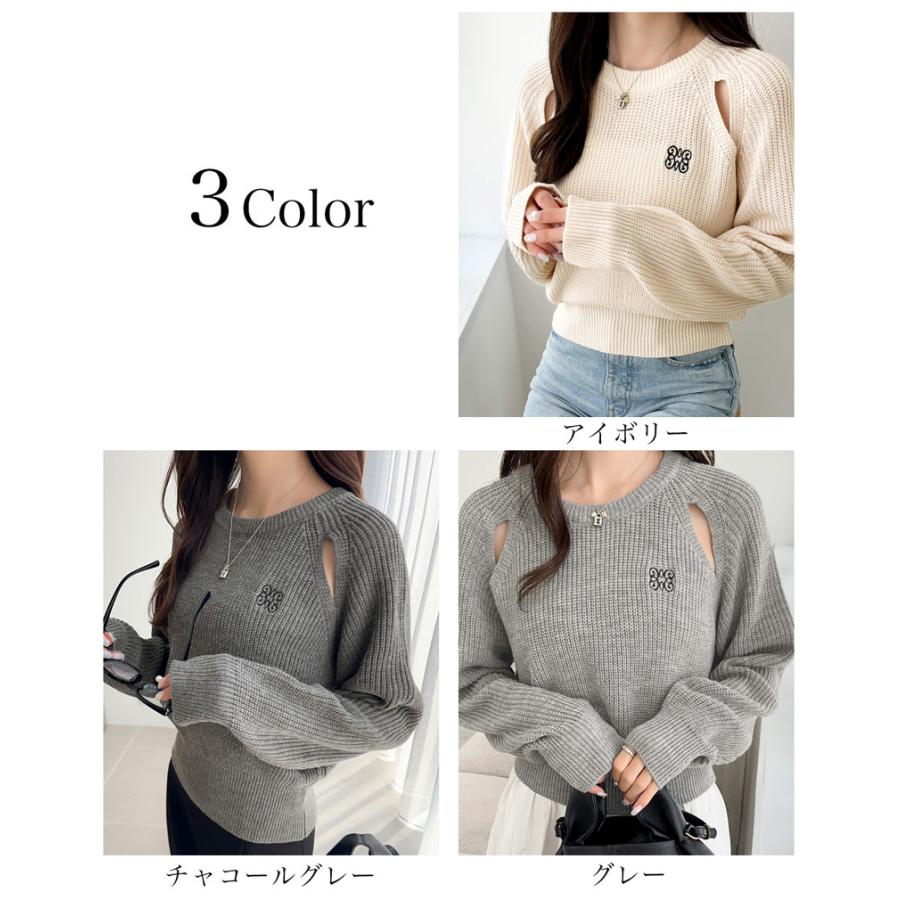 【mily bilet】 トップス ニット レディース リブニット 肩スリット カットアウト 胸刺繍 ヘルシー 肌見せ 着回し レイヤードコーデ 大きいサイズ | classicalelf | 02