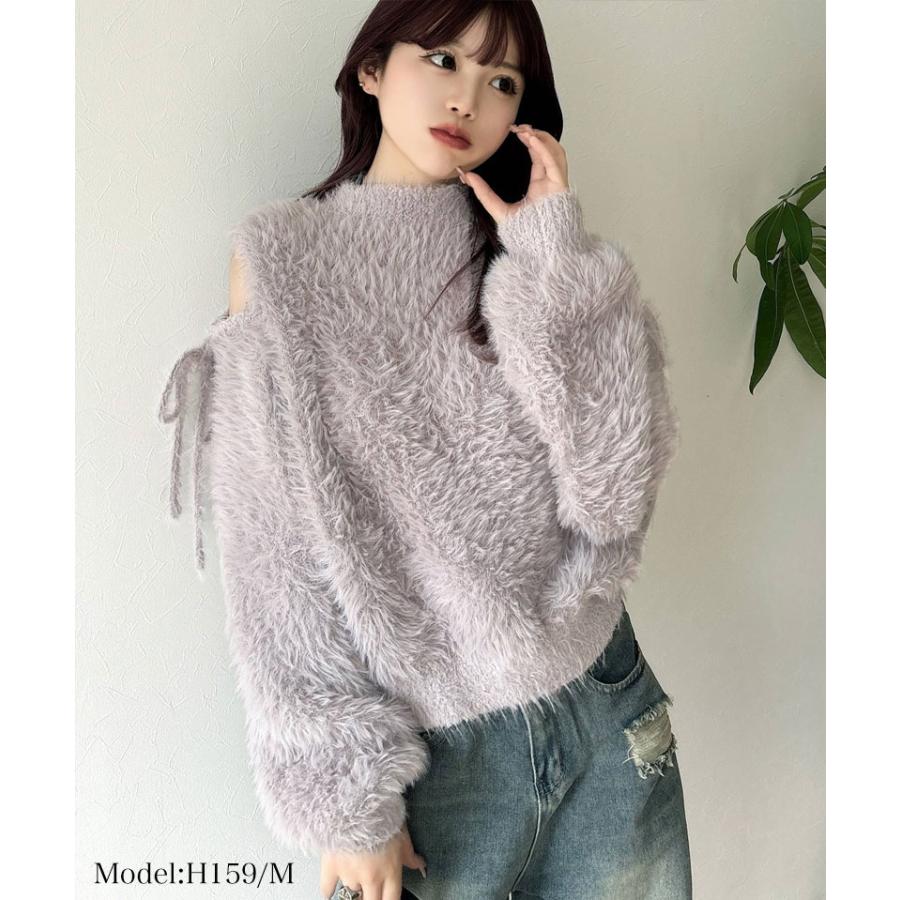 【mily bilet】 トップス ニット レディース シャギーニット 肩スリット 袖リボン プルオーバー ショート丈 リボン オフショルゆったり フェミニン | classicalelf | 12