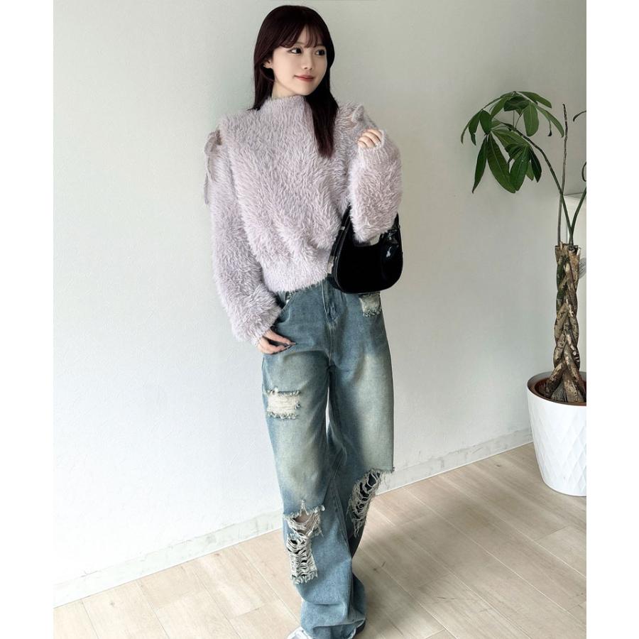 【mily bilet】 トップス ニット レディース シャギーニット 肩スリット 袖リボン プルオーバー ショート丈 リボン オフショルゆったり フェミニン | classicalelf | 13