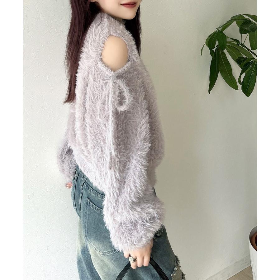 【mily bilet】 トップス ニット レディース シャギーニット 肩スリット 袖リボン プルオーバー ショート丈 リボン オフショルゆったり フェミニン | classicalelf | 14