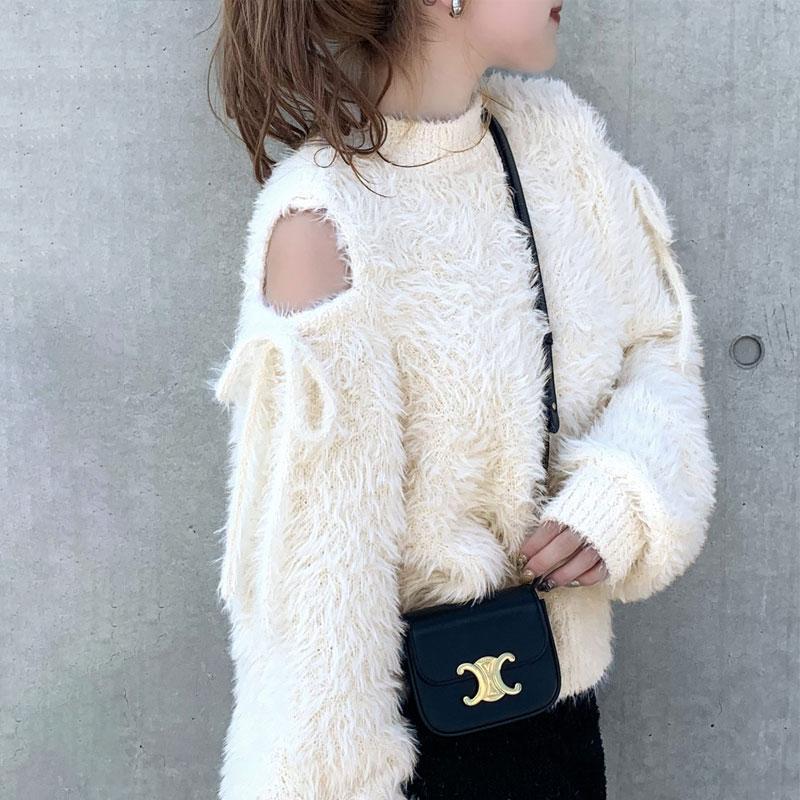 【mily bilet】 トップス ニット レディース シャギーニット 肩スリット 袖リボン プルオーバー ショート丈 リボン オフショルゆったり フェミニン | classicalelf | 17