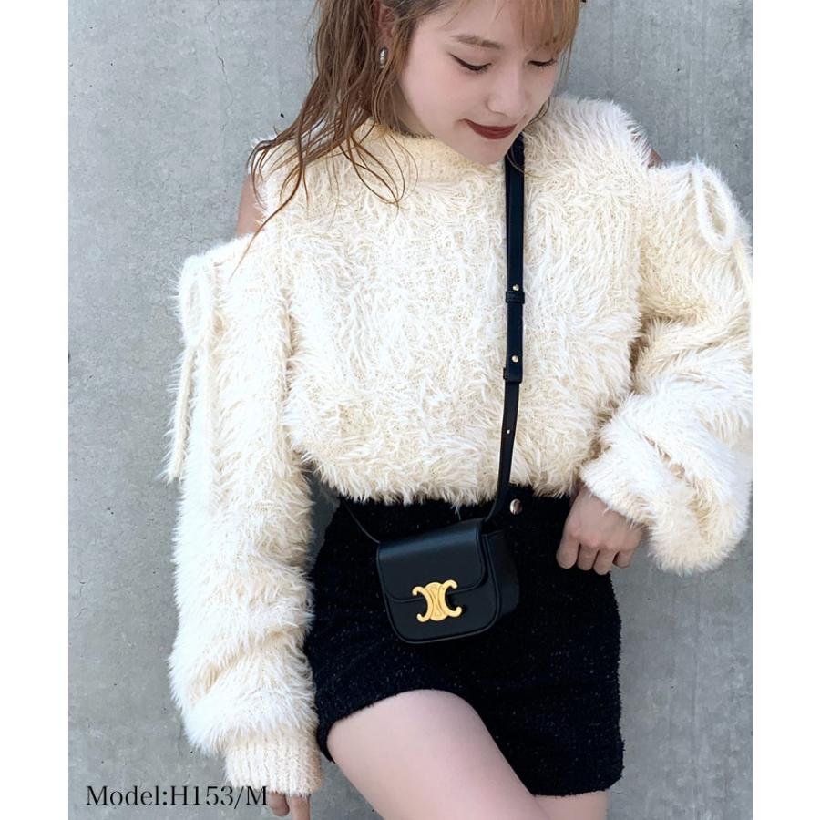 【mily bilet】 トップス ニット レディース シャギーニット 肩スリット 袖リボン プルオーバー ショート丈 リボン オフショルゆったり フェミニン | classicalelf | 03