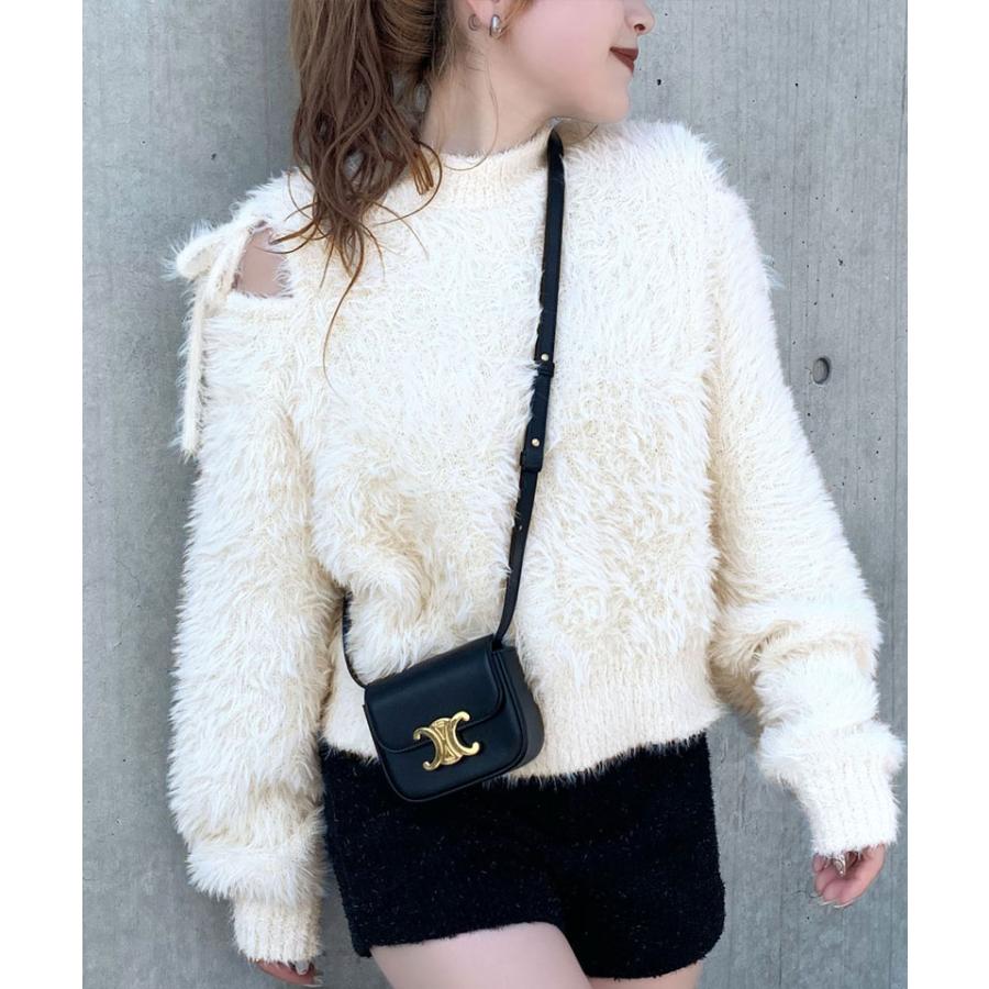 【mily bilet】 トップス ニット レディース シャギーニット 肩スリット 袖リボン プルオーバー ショート丈 リボン オフショルゆったり フェミニン | classicalelf | 04