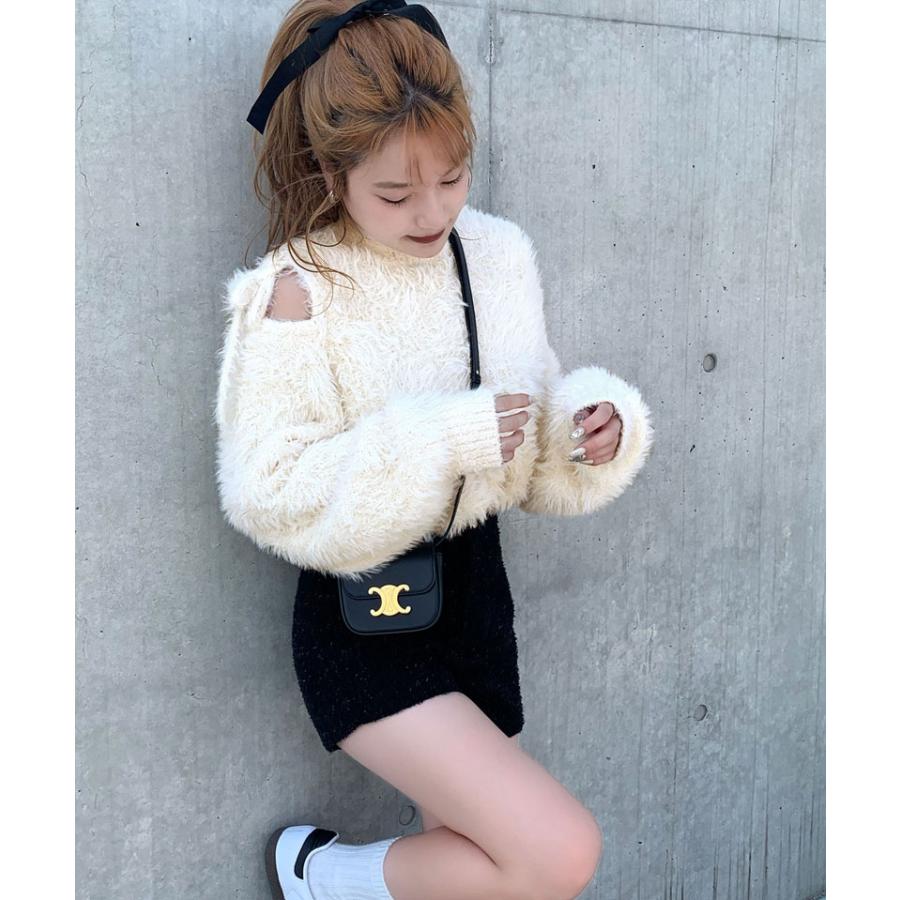 【mily bilet】 トップス ニット レディース シャギーニット 肩スリット 袖リボン プルオーバー ショート丈 リボン オフショルゆったり フェミニン | classicalelf | 05