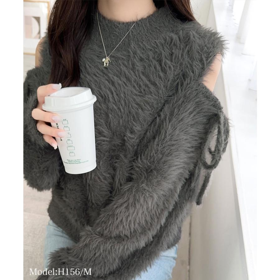 【mily bilet】 トップス ニット レディース シャギーニット 肩スリット 袖リボン プルオーバー ショート丈 リボン オフショルゆったり フェミニン | classicalelf | 06